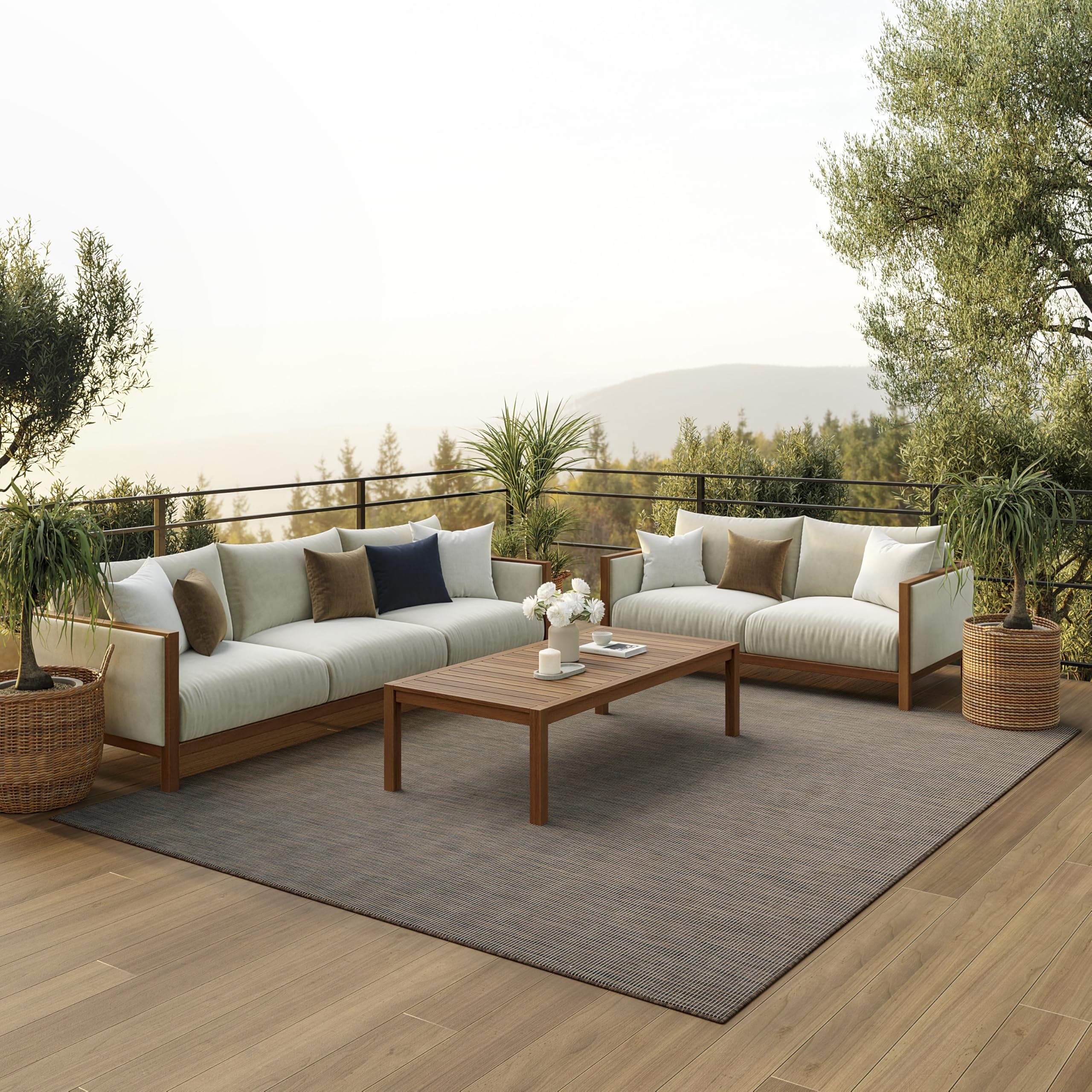 Nourison alfombra Positano frente y empaque mostrando diseño natural y beneficio duradero