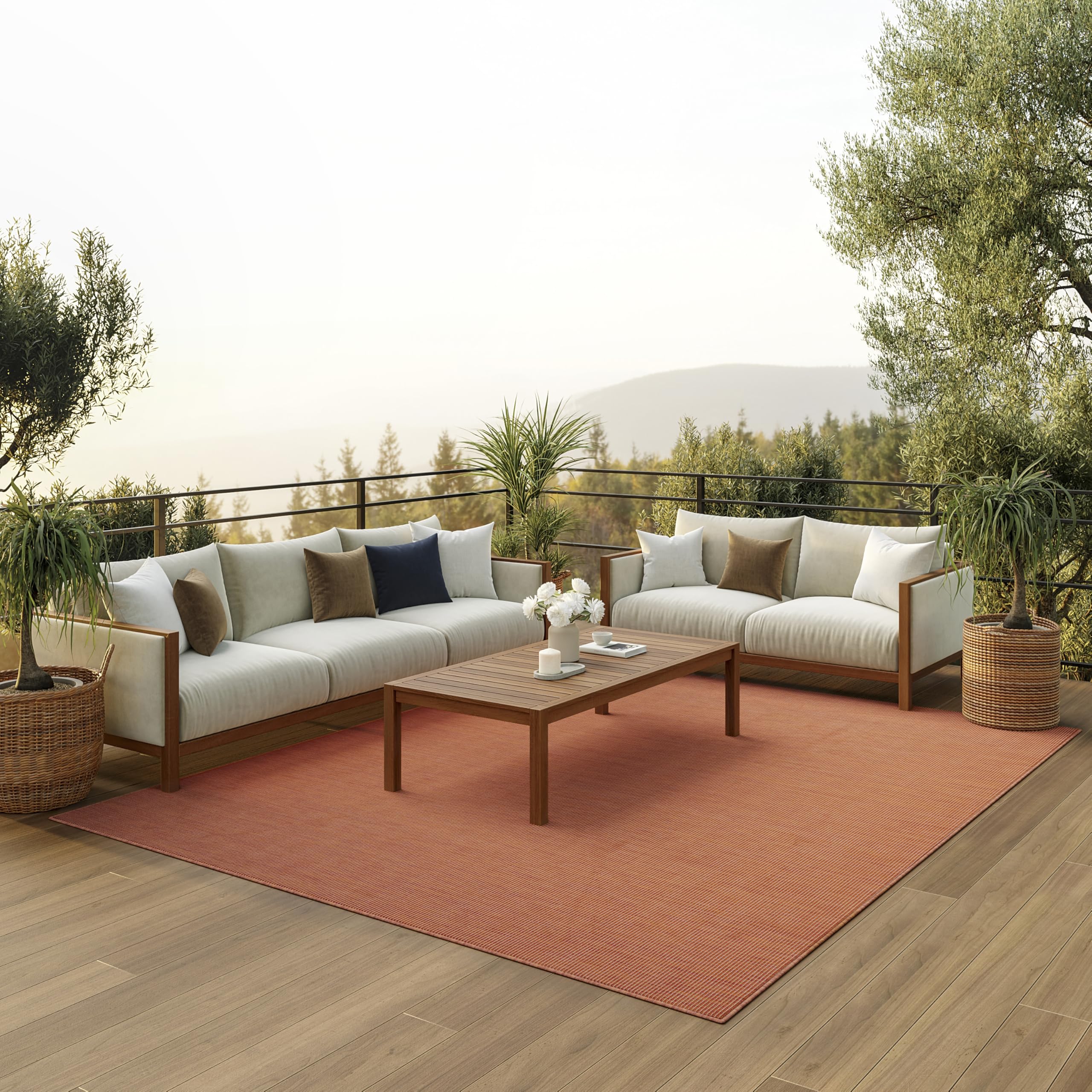 Nourison alfombra frontal mostrando color terracota y diseño práctico