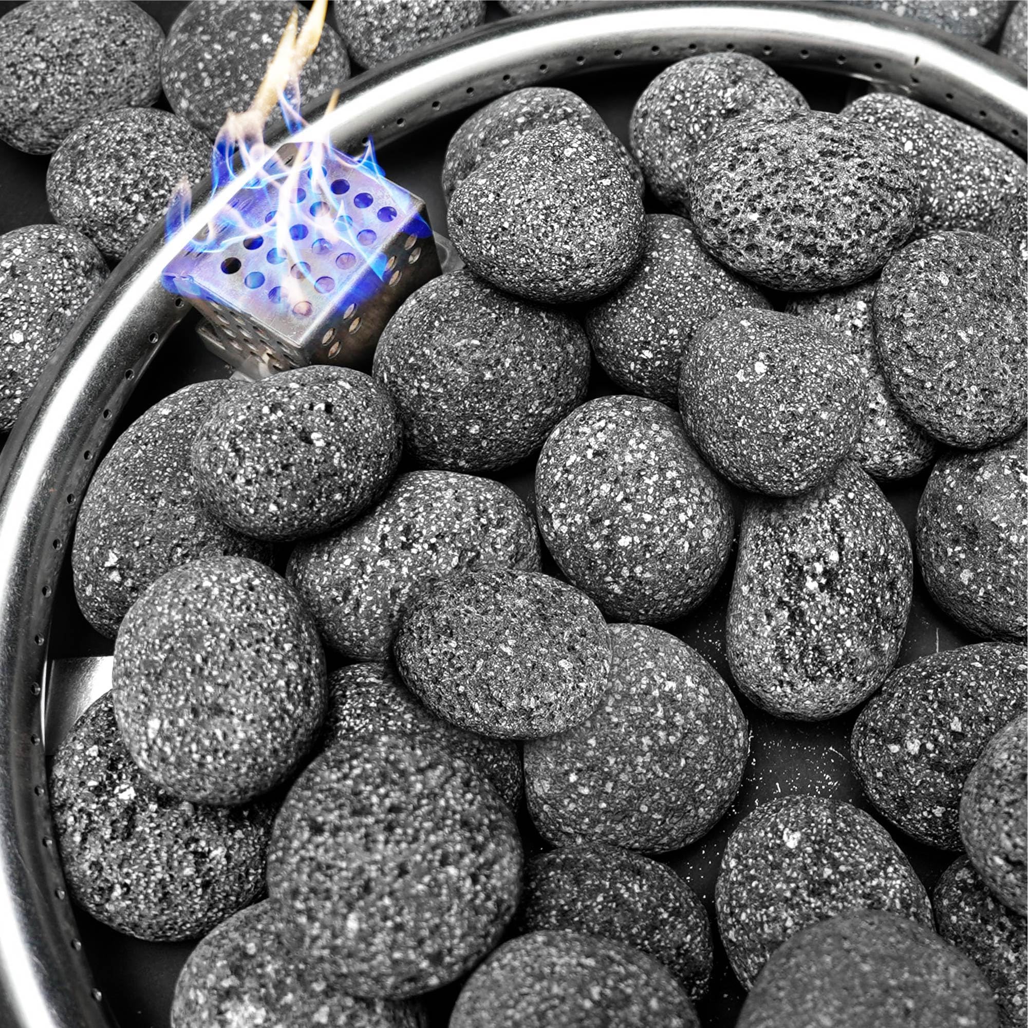 NUPICK paquete frontal de piedras de lava mostrando el contenido y aspecto durable