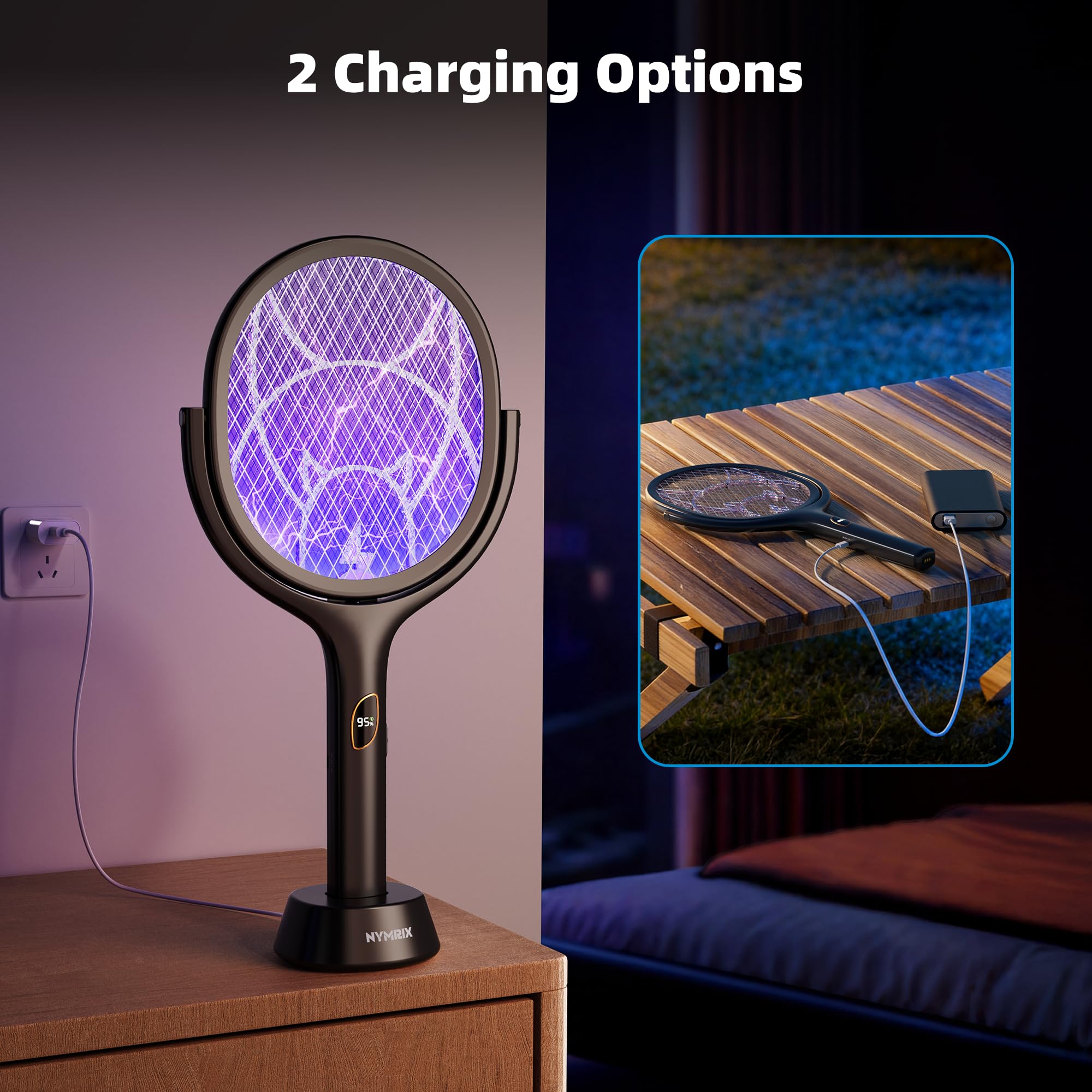 Nymrix sobre su base con luz púrpura mostrando modo automático activo