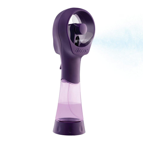 O2COOL ventilador frontal morado mostrando diseño portátil y compacto