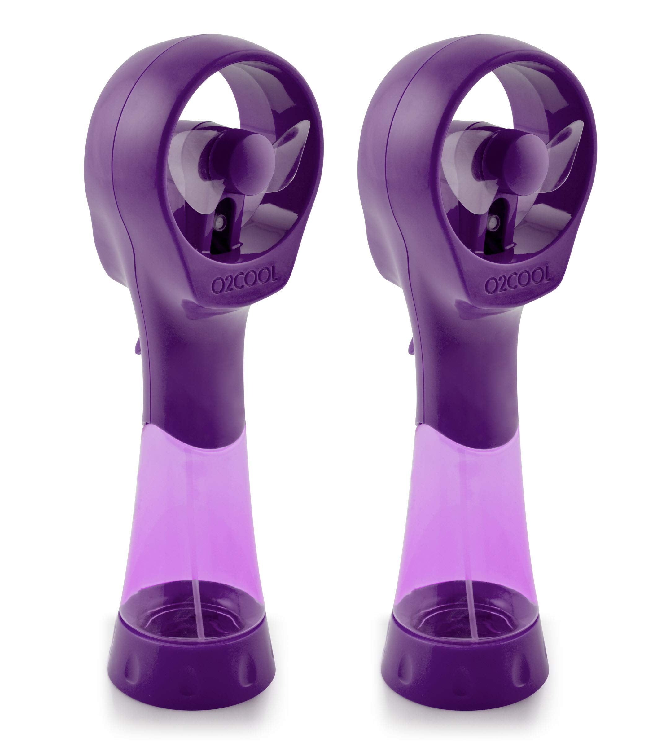 O2COOL ventilador frontal del pack mostrando diseño púrpura y portabilidad