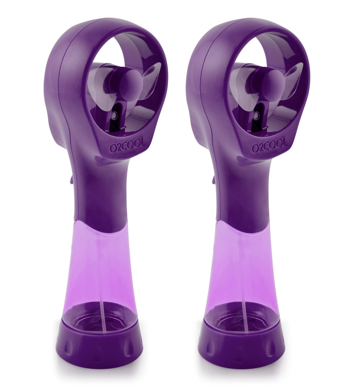 O2COOL ventilador frontal del pack mostrando diseño púrpura y portabilidad