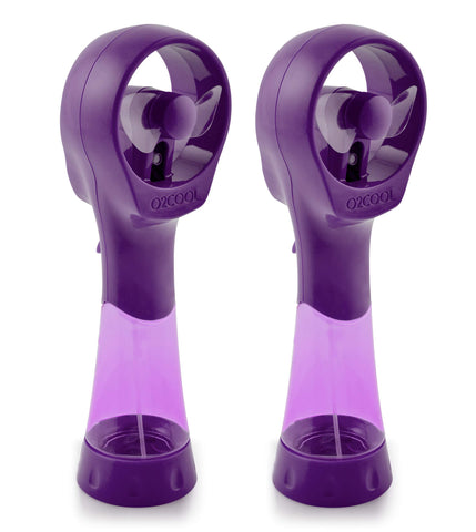 O2COOL ventilador frontal del pack mostrando diseño púrpura y portabilidad