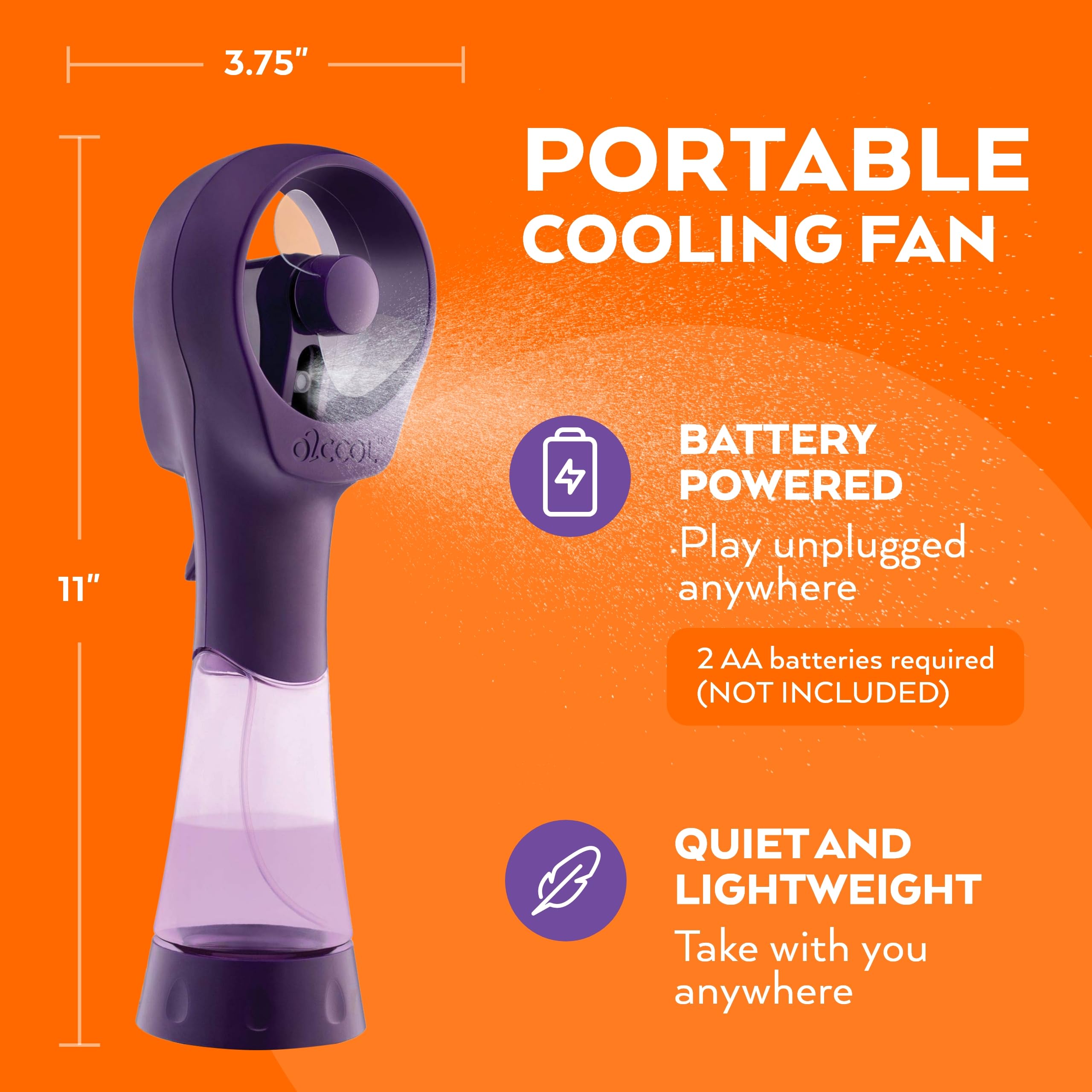 O2COOL tamaño en comparación con un bolso mostrando ligereza y portabilidad