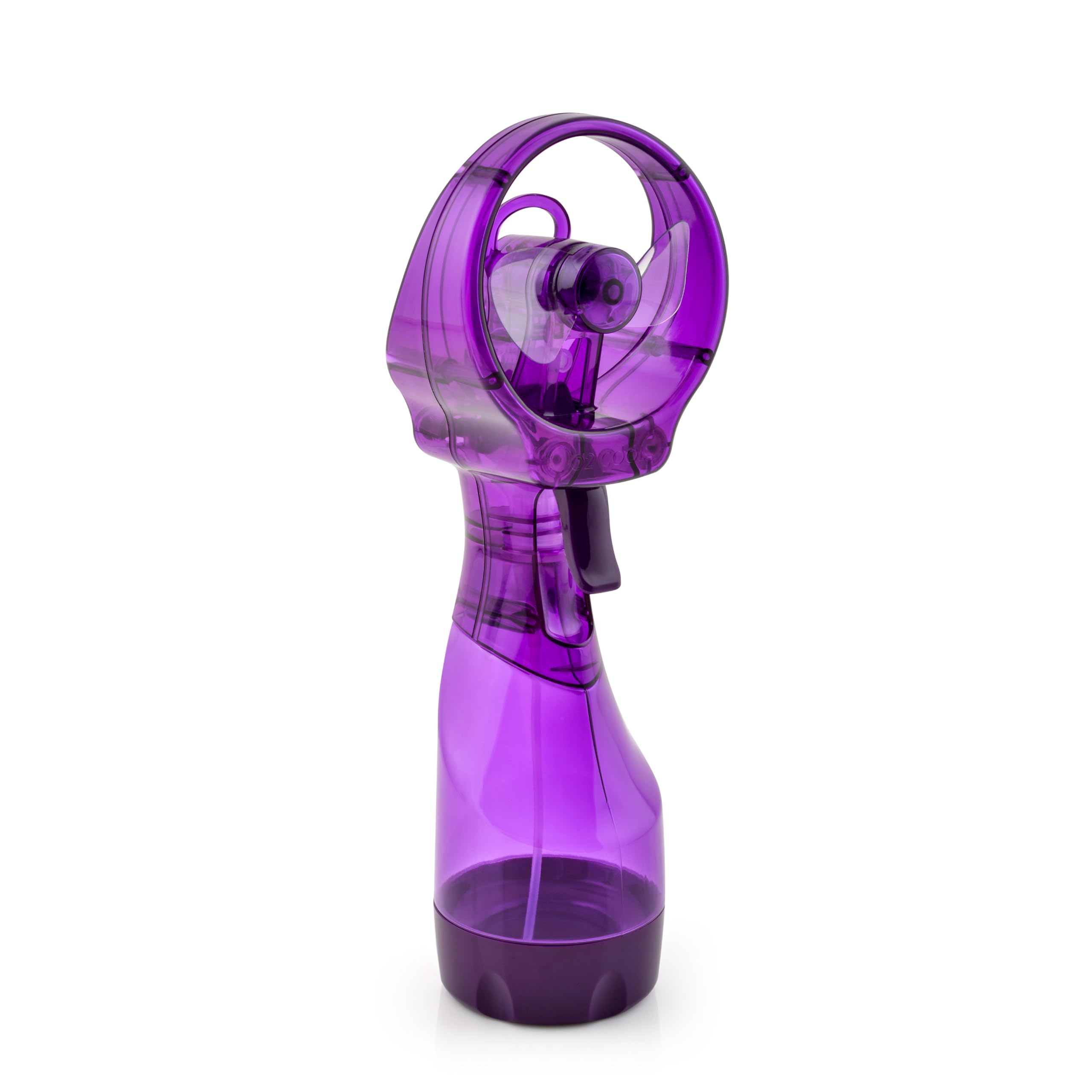O2COOL ventilador frontal morado mostrando diseño y estilo portátil