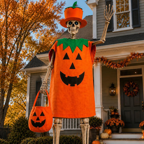 OceanCamel poncho frontal con cara de calabaza, alto impacto visual