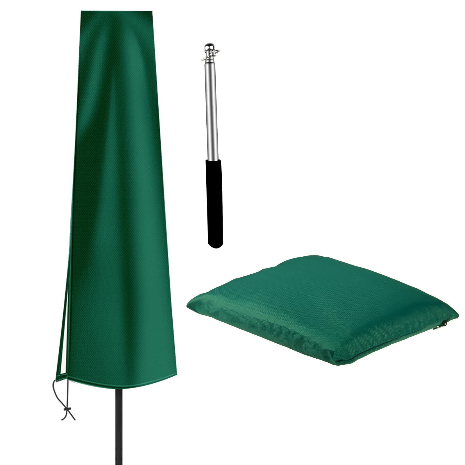 OKPOW lifestyle en jardín mostrando la funda protegiendo el parasol al aire libre