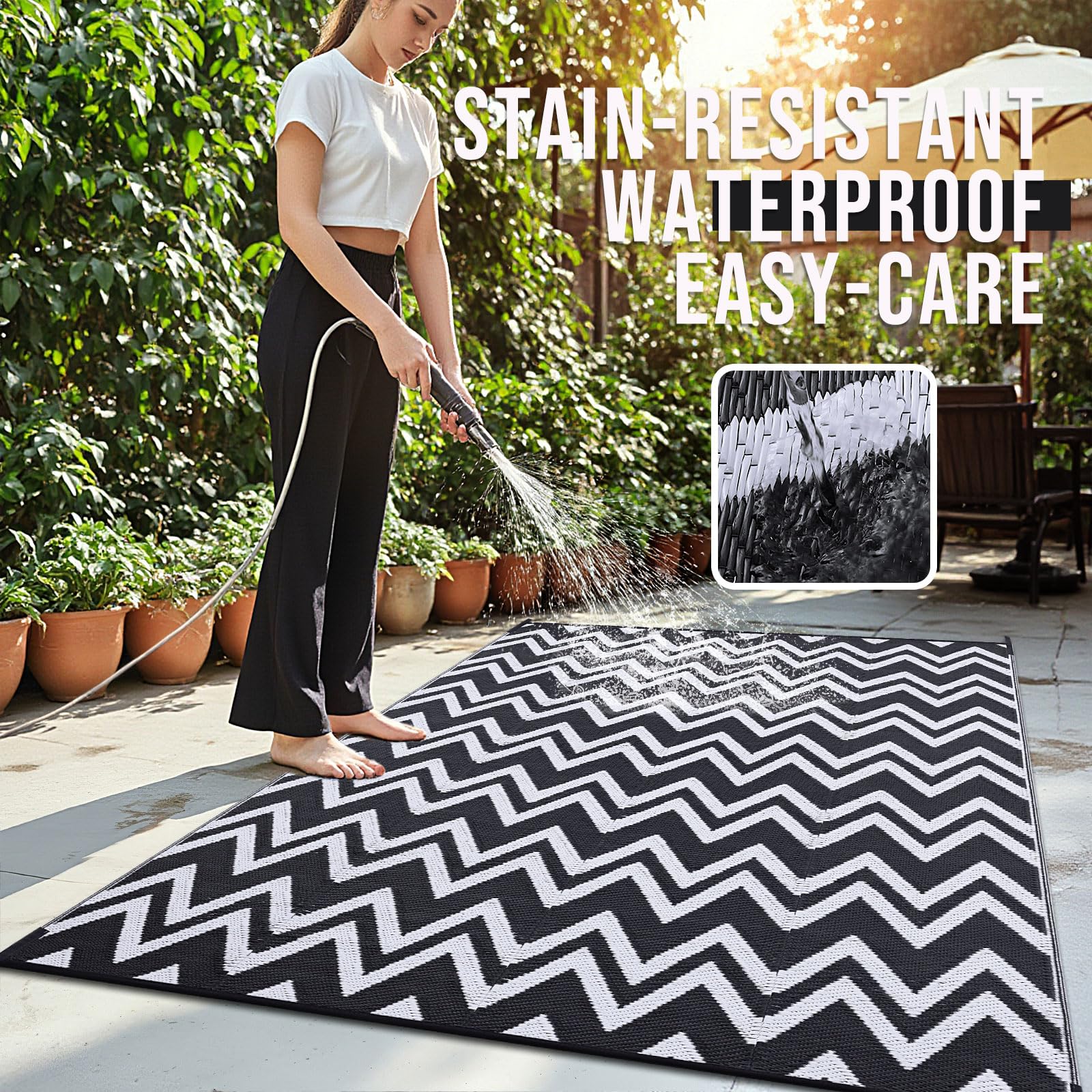 OLANLY alfombra colocada en patio con mobiliario, crea espacio cómodo y resistente