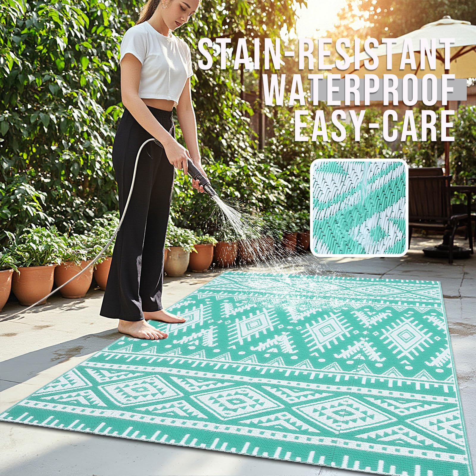 OLANLY alfombra en uso sobre patio con muebles para confort al aire libre