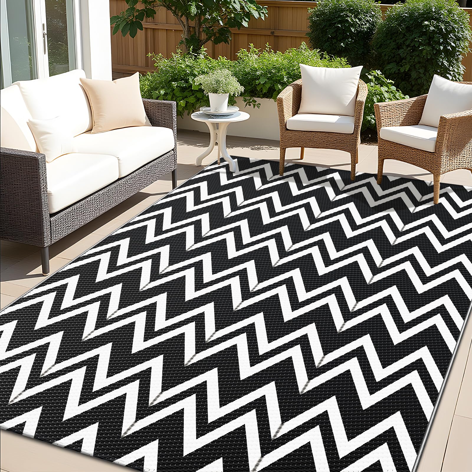 OLANLY alfombra exterior frontal mostrando patrón chevron y tamaño
