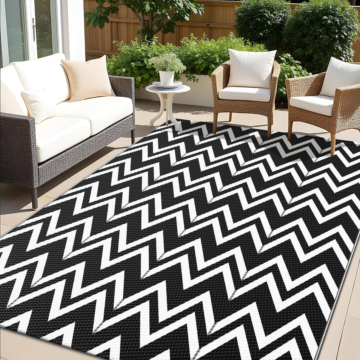 OLANLY alfombra exterior frontal mostrando patrón chevron y tamaño