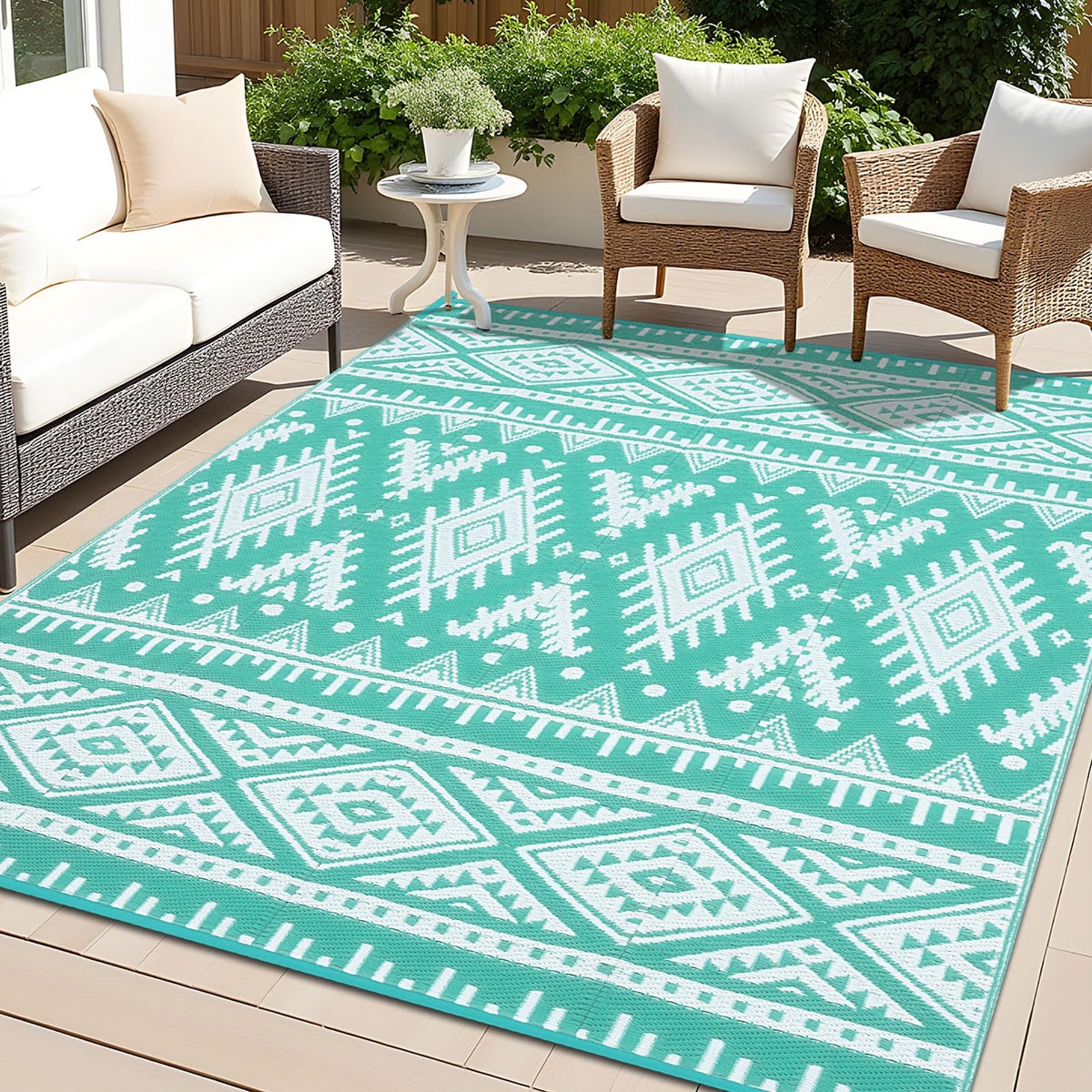 OLANLY alfombra exterior frente muestra patrón turquesa y blanco y mejora el espacio