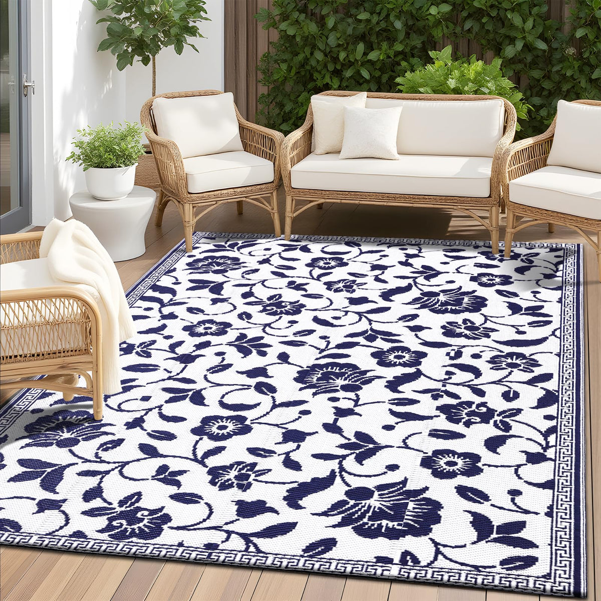 OLANLY alfombra frontal navy white mostrando diseño floral y elegancia