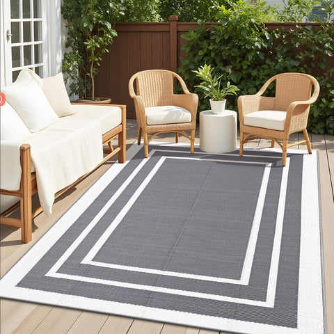 OLANLY alfombra exterior frontal mostrando diseño gris blanco y beneficio estética duradera