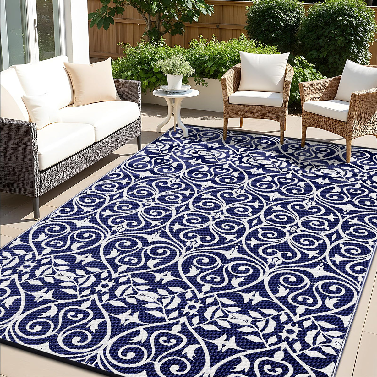 OLANLY alfombra exterior frontal mostrando diseño floral navy blanco y beneficio estético
