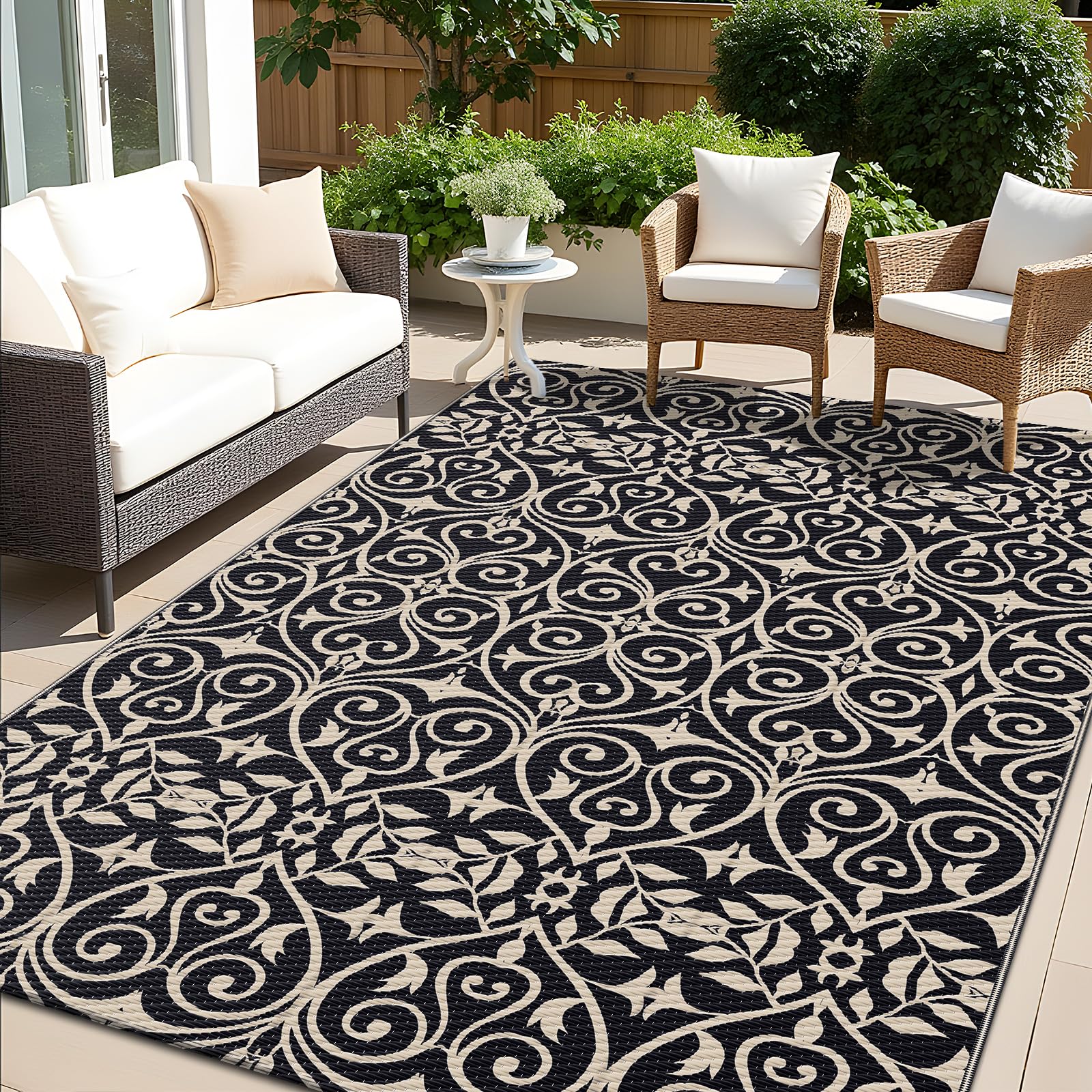 OLANLY alfombra exterior frontal mostrando diseño negro y beige y estilo elegante