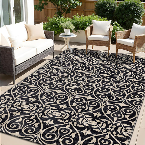 OLANLY alfombra exterior frontal mostrando diseño negro y beige y estilo elegante