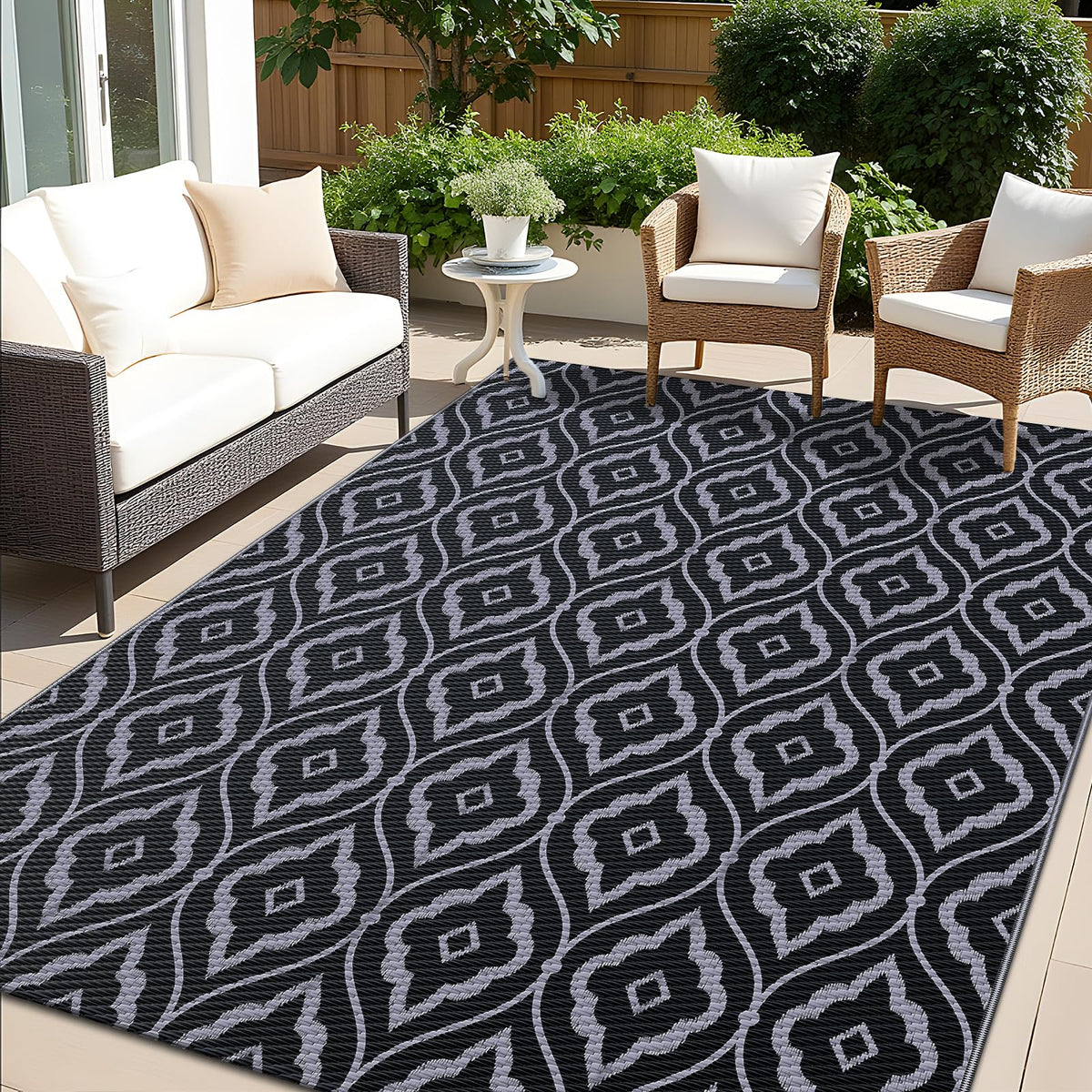 OLANLY alfombra exterior frontal mostrando patrón geométrico y beneficio estético