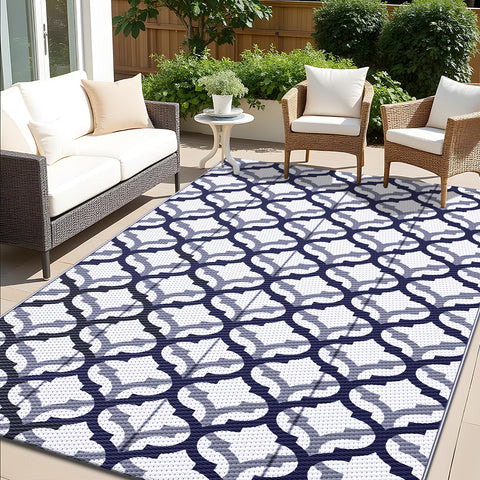 OLANLY alfombra exterior frontal mostrando diseño azul y blanco y resistencia