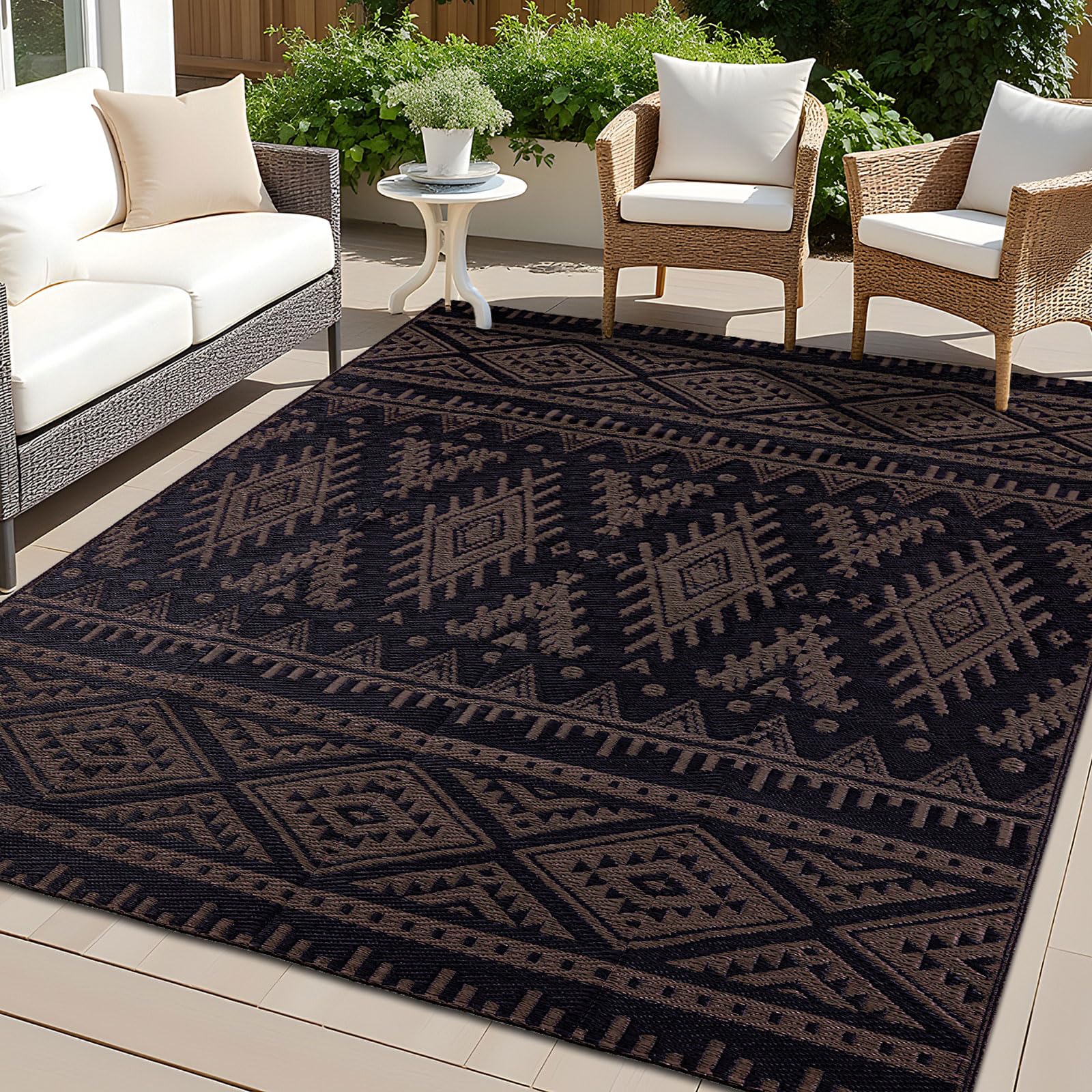 OLANLY alfombra exterior frontal con patrón boho negro y marrón que embellece la terraza