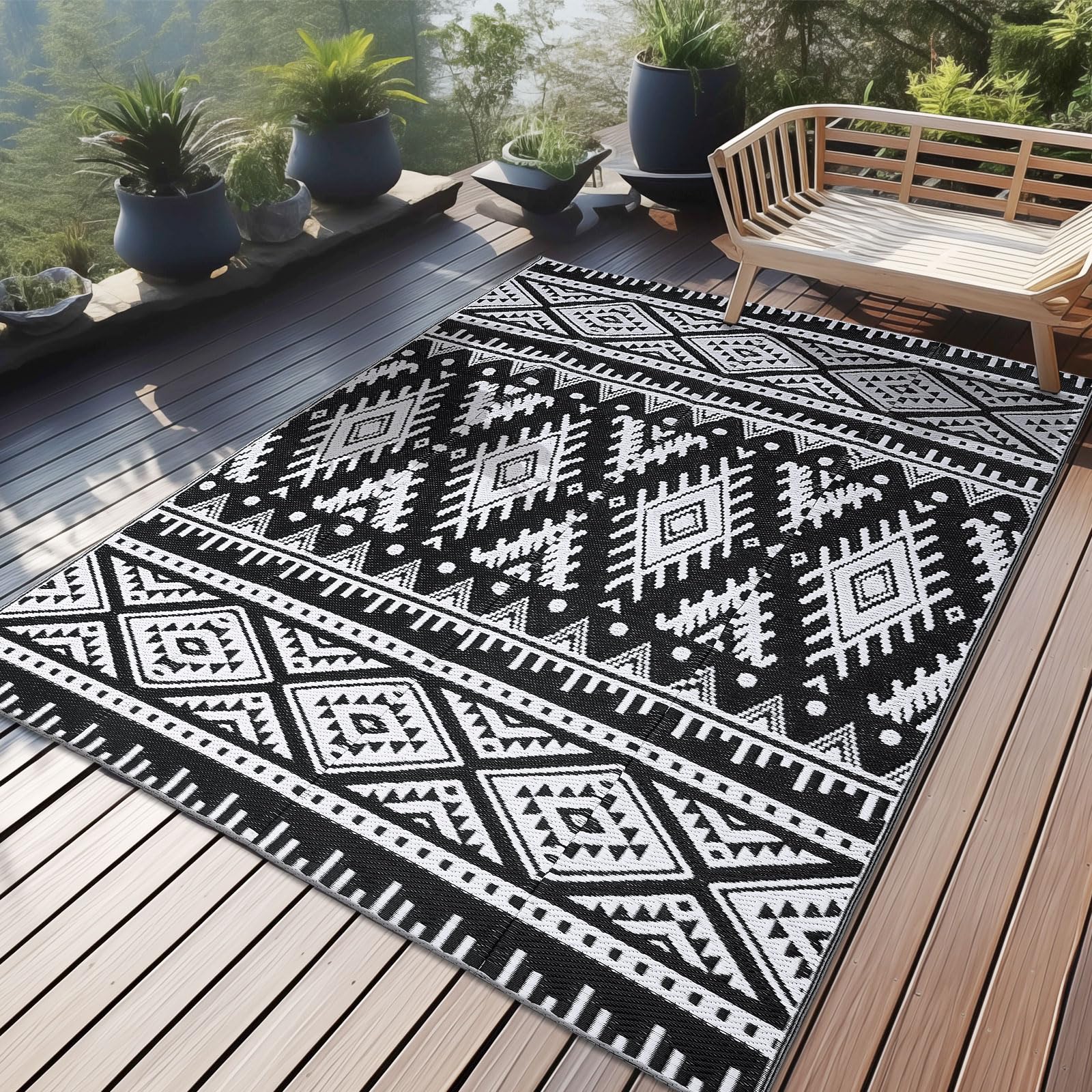 OLANLY alfombra exterior frontal mostrando patrón boho y ventaja estética