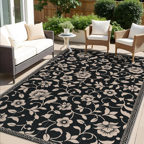 OLANLY alfombra exterior frontal mostrando patrón floral y beneficio estético