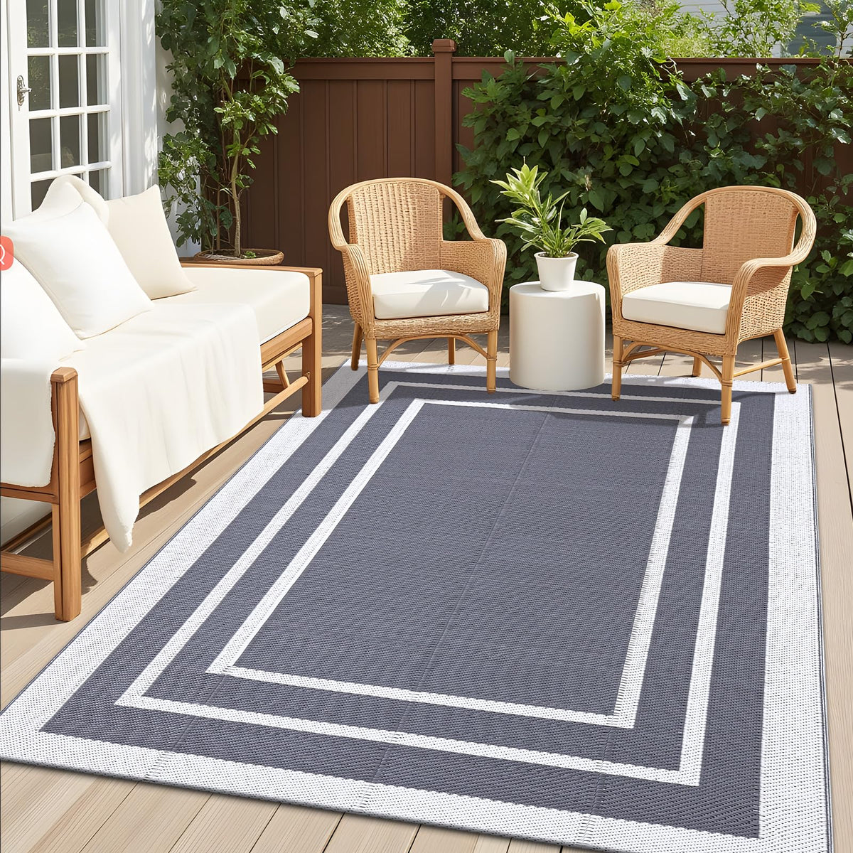 OLANLY alfombra exterior frontal mostrando patrón gris y blanco, resistente al agua