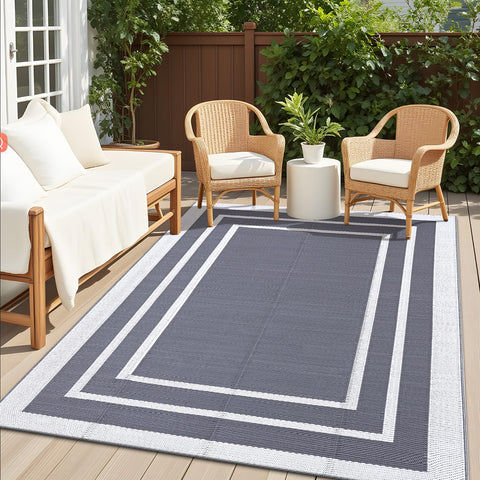 OLANLY alfombra exterior frontal mostrando patrón gris y blanco, resistente al agua