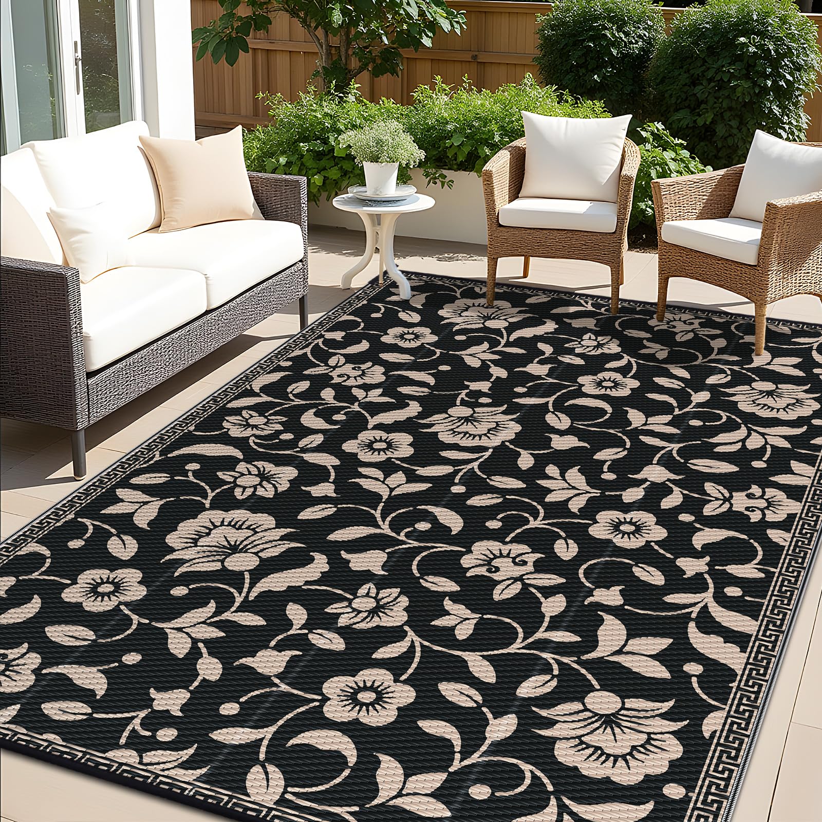 OLANLY alfombra exterior frontal mostrando patrón floral y estilo elegante