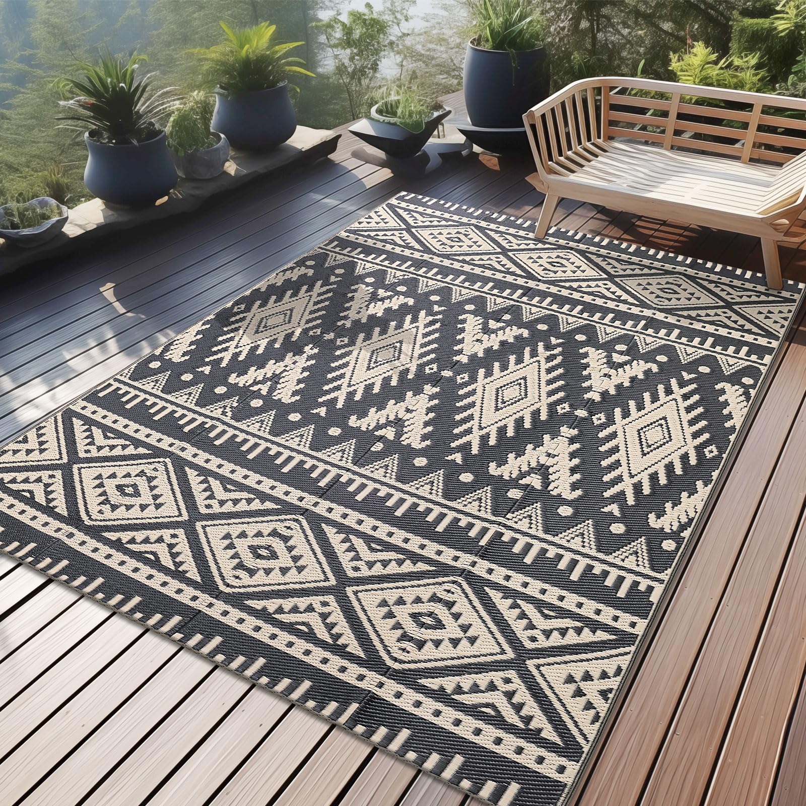 OLANLY alfombra exterior frontal muestra patrón boho y durabilidad