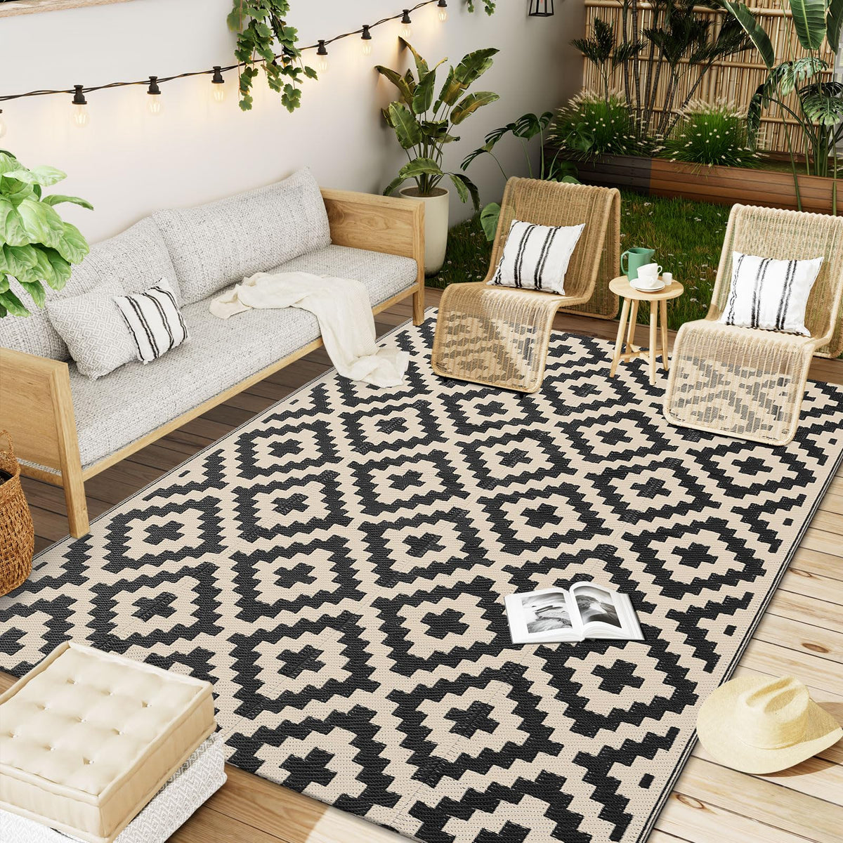 OLANLY alfombra exterior frontal con diseño negro y beige que realza terrazas