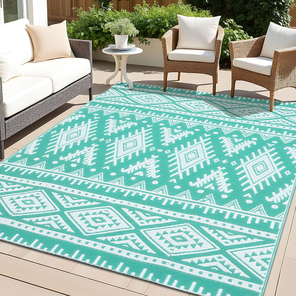 OLANLY alfombra exterior frontal mostrando el patrón boho turquesa beneficios estética