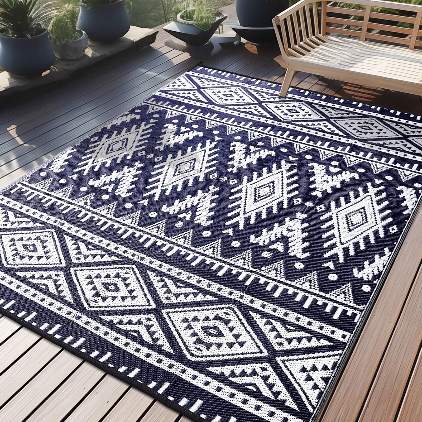 OLANLY alfombra exterior frontal mostrando diseño boho y beneficio estético