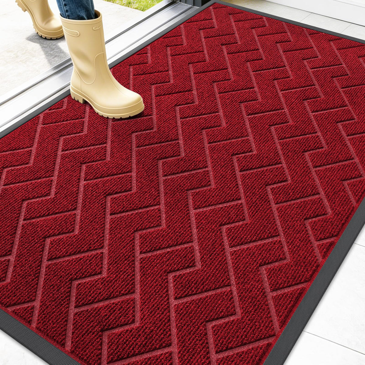 OLANLY felpudo frontal empaquetado mostrando tamaño y diseño, protección inmediata