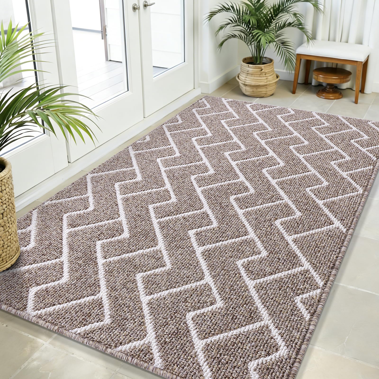 OLANLY felpudo frente y empaque mostrando tamaño y diseño