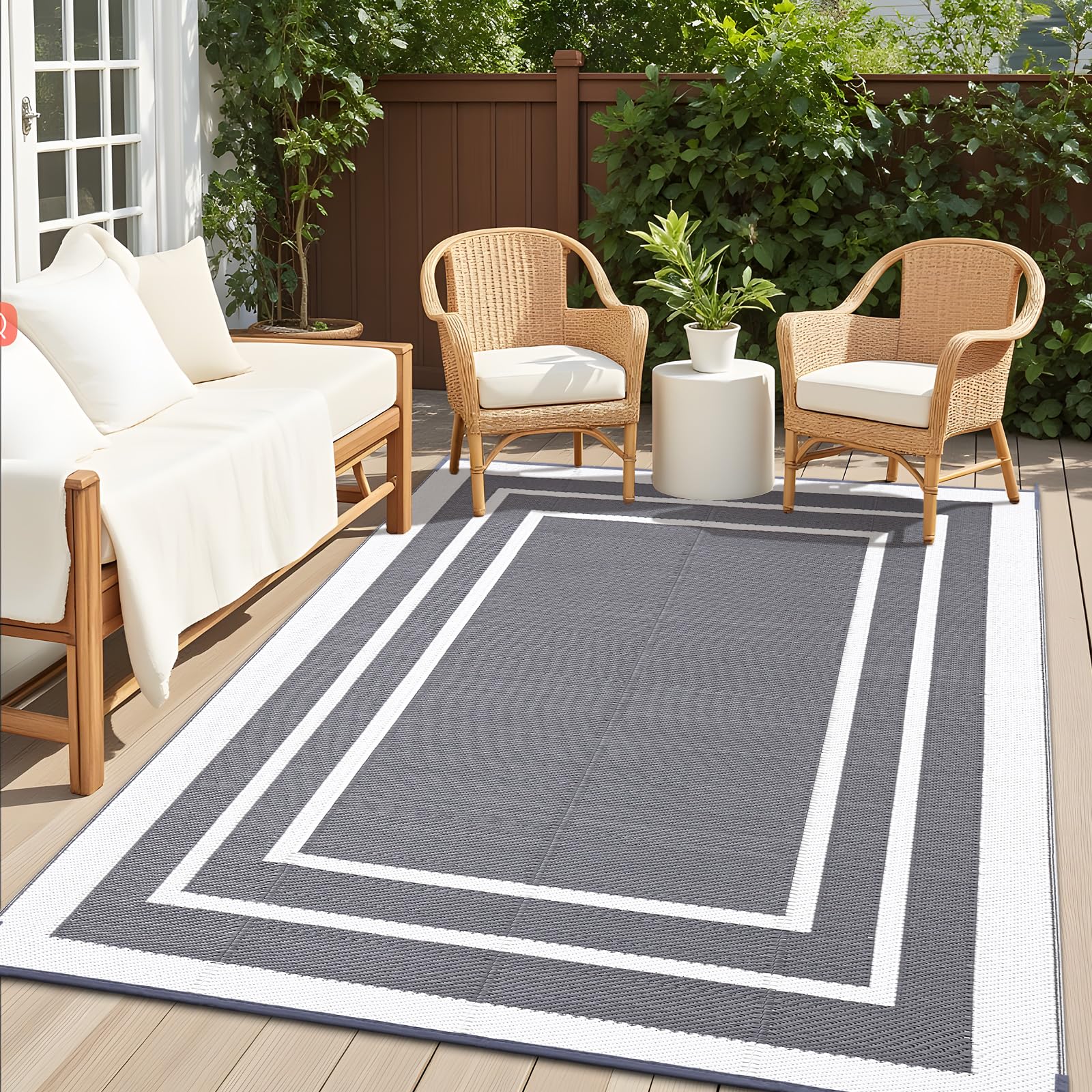OLANLY vista frontal de alfombra gris y blanco, aporta estilo al patio