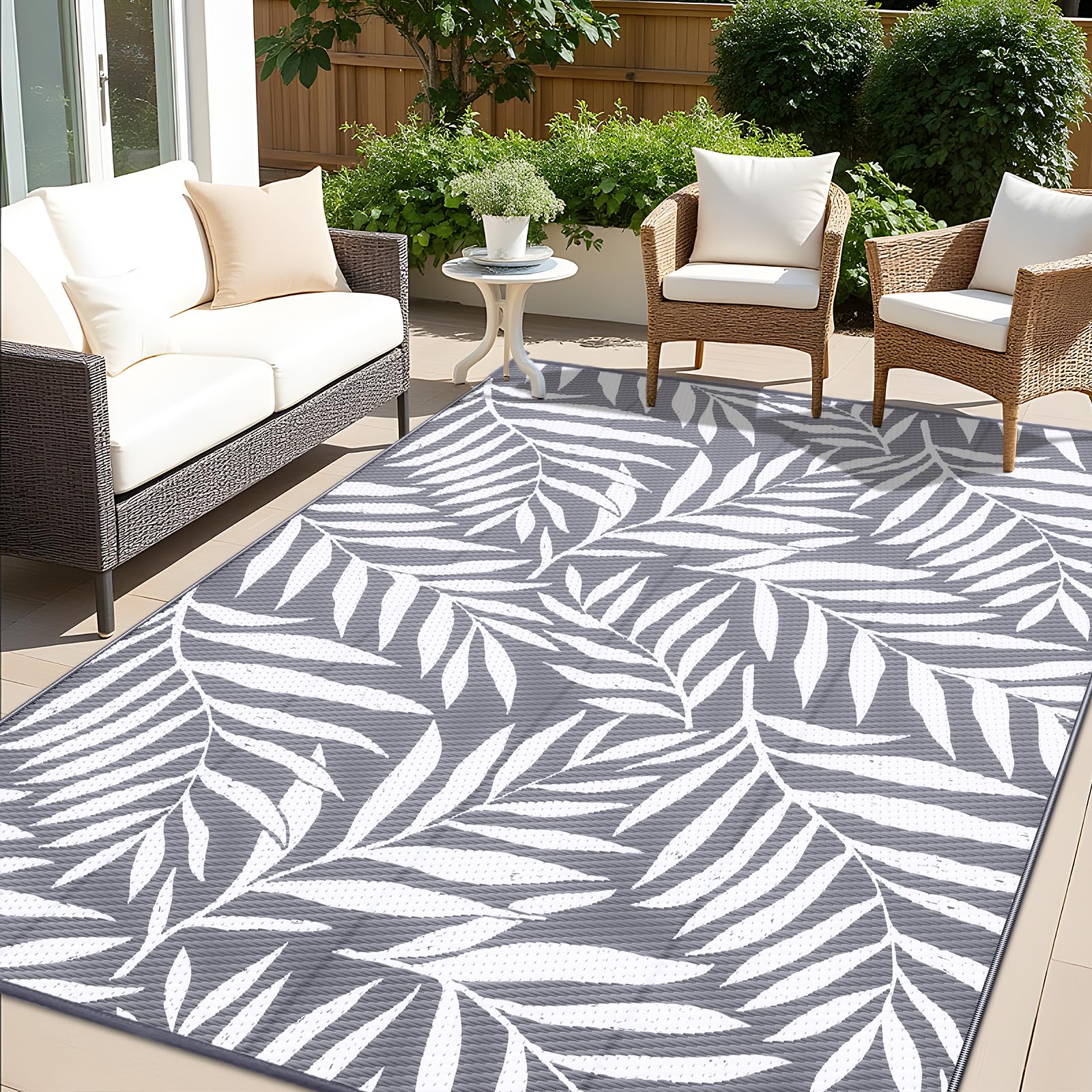 OLANLY alfombra frontal gris blanco muestra diseño hojas y elegancia exterior