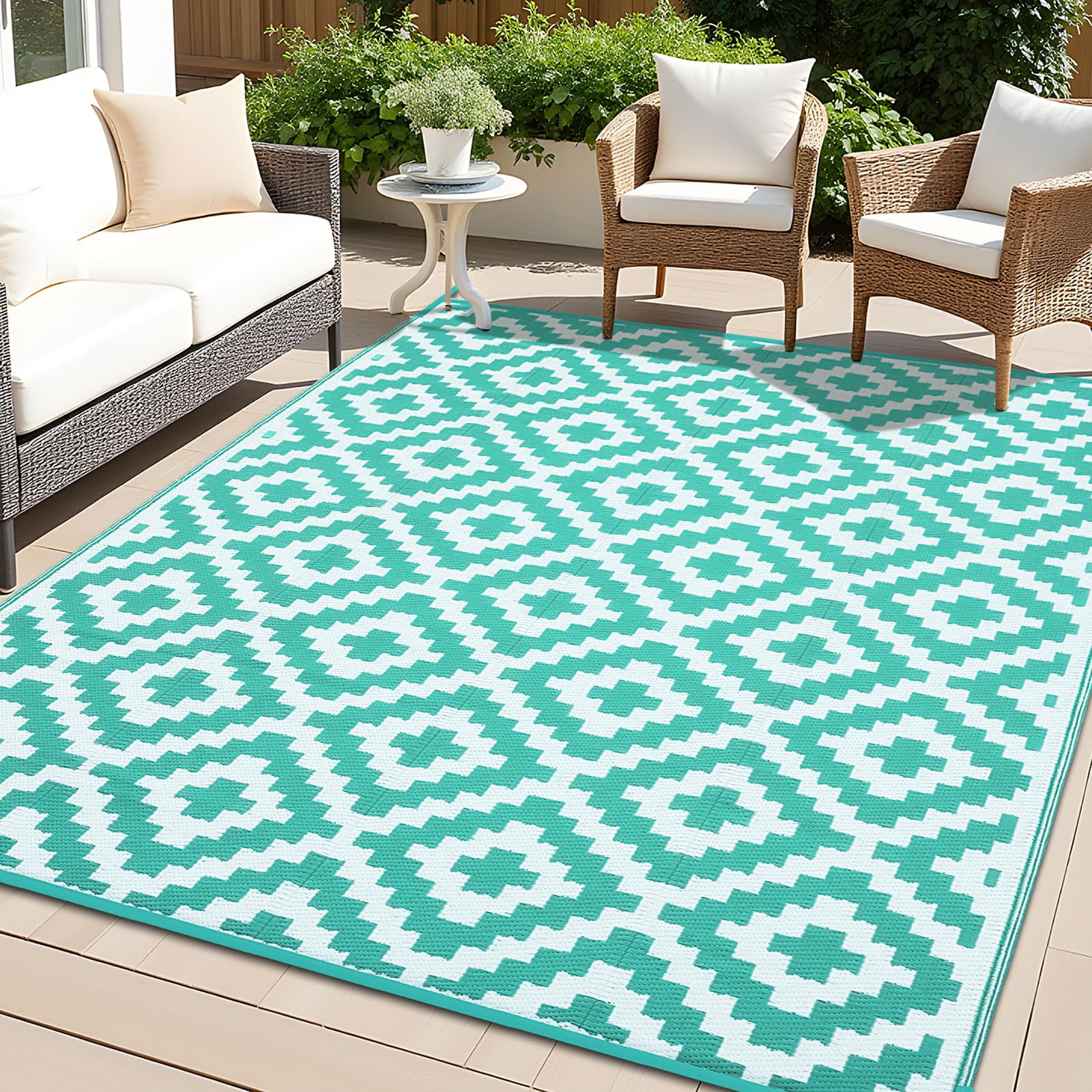 OLANLY vista frontal de alfombra turquesa y blanco mostrando patrón atractivo