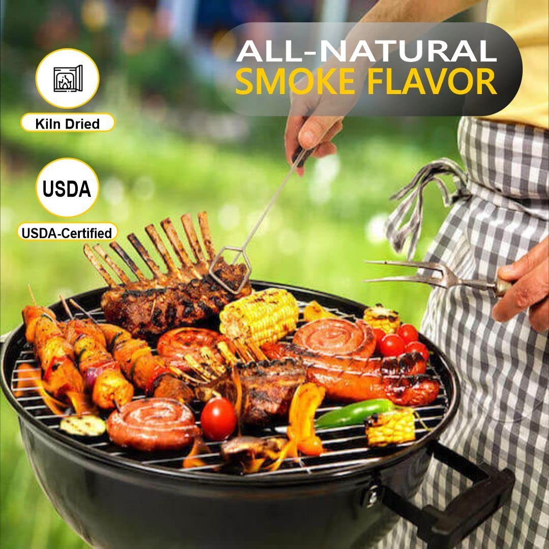 Old Potters hickory en parrilla generando humo uniforme, mejora el sabor de carnes