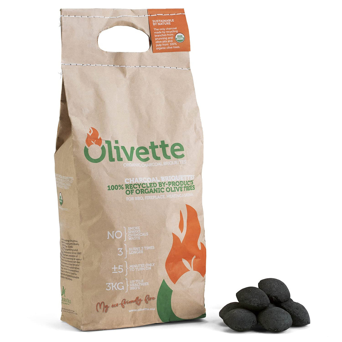 Olivette paquete frontal mostrando etiqueta orgánica y beneficio sostenible