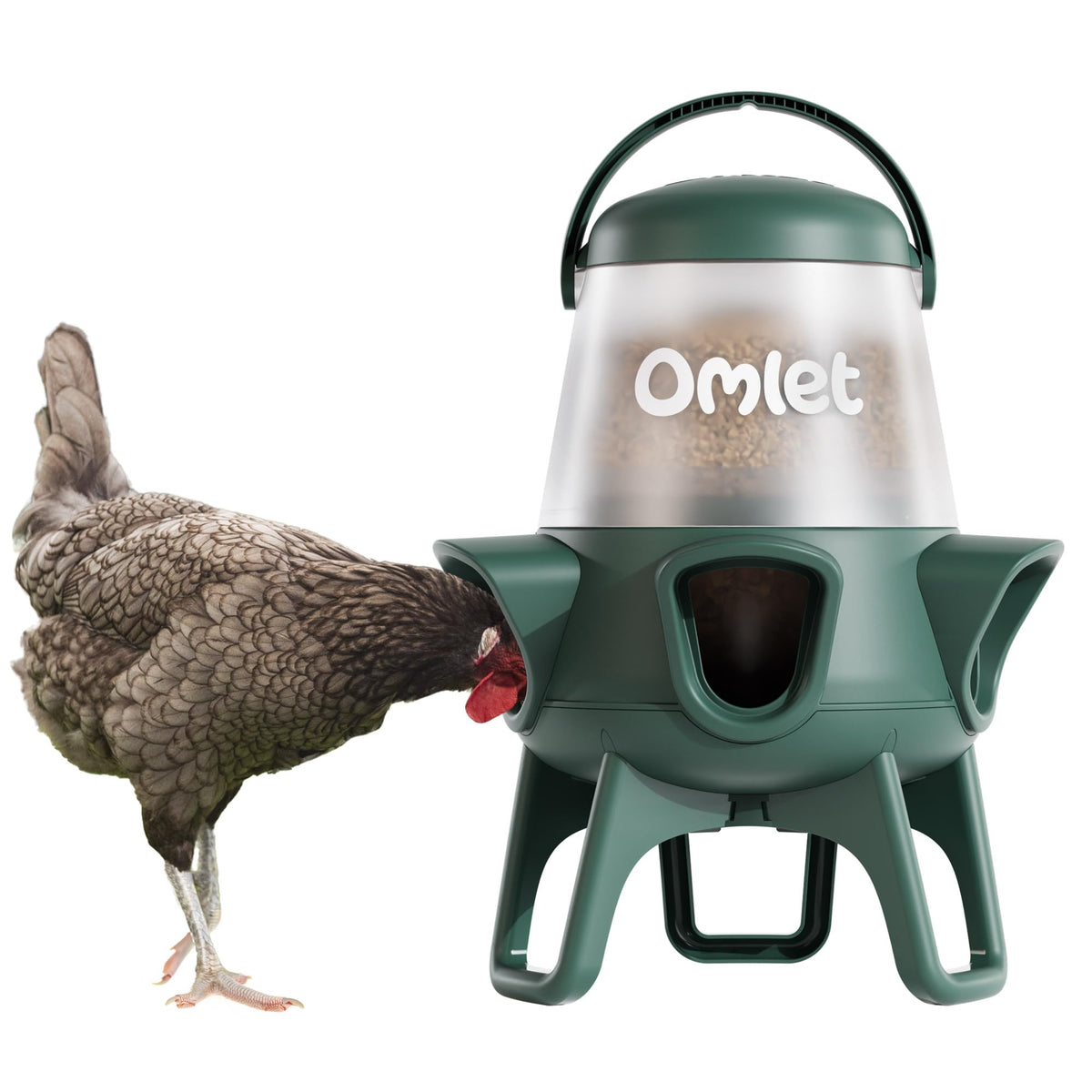 Omlet comedero frontal mostrando diseño antipérdida y capacidad, facilita alimentar sin desperdicio