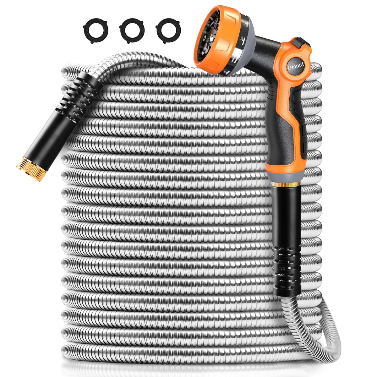 Omont manguera frontal y embalaje mostrando robustez y garantía