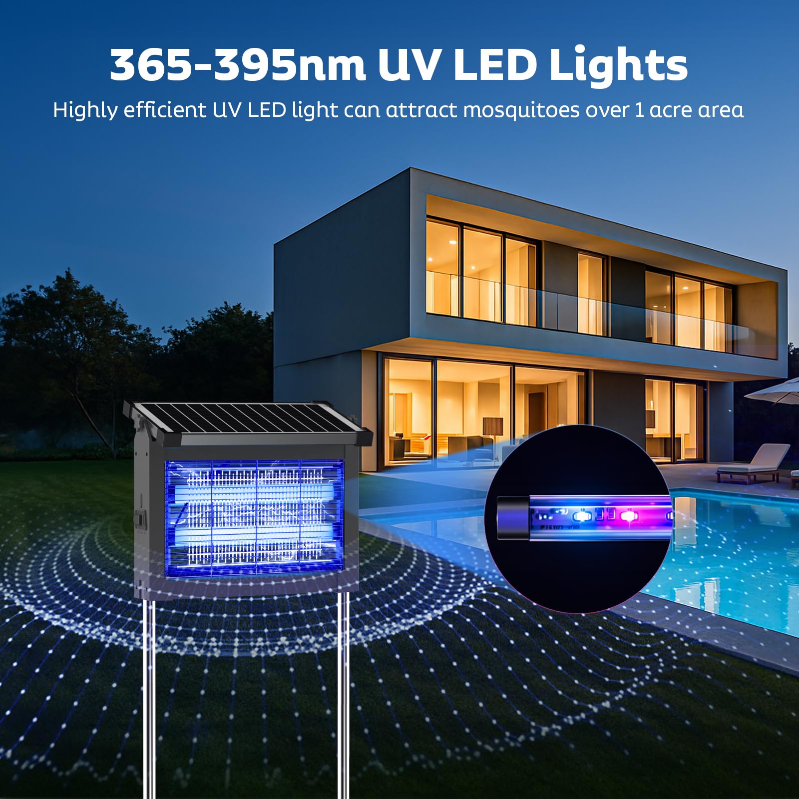 OnBeam lámpara en uso nocturno en un patio iluminando y reduciendo mosquitos