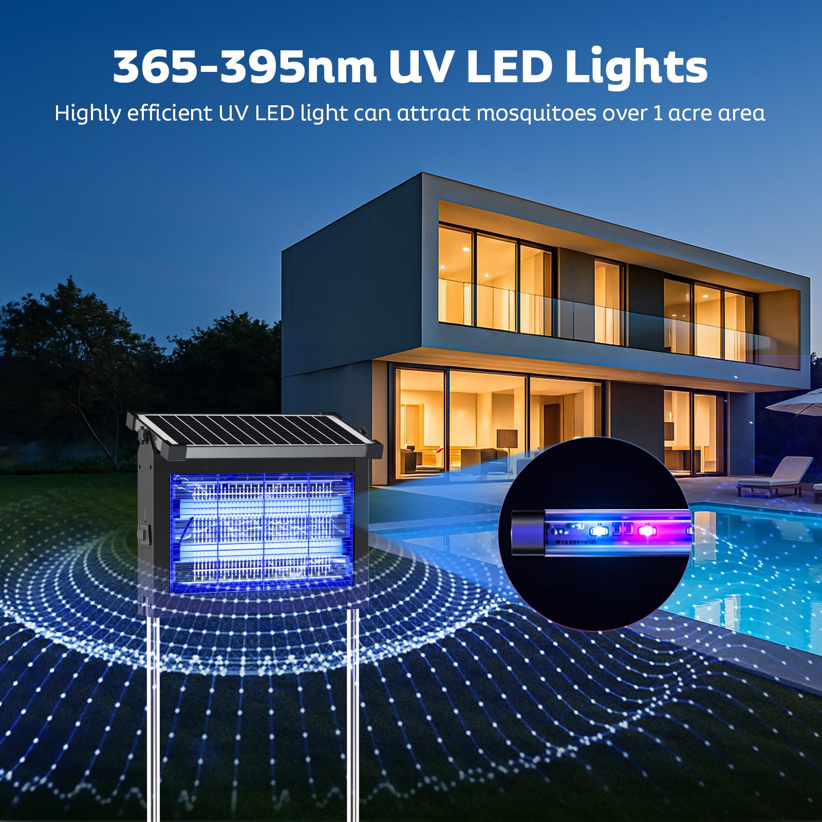 OnBeam lámpara instalada en jardín y porche creando ambiente y control de mosquitos