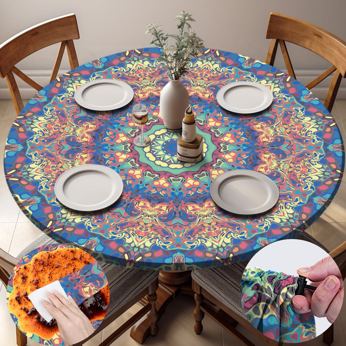 opstellen mantel frontal en mesa mostrando diseño boho y protección