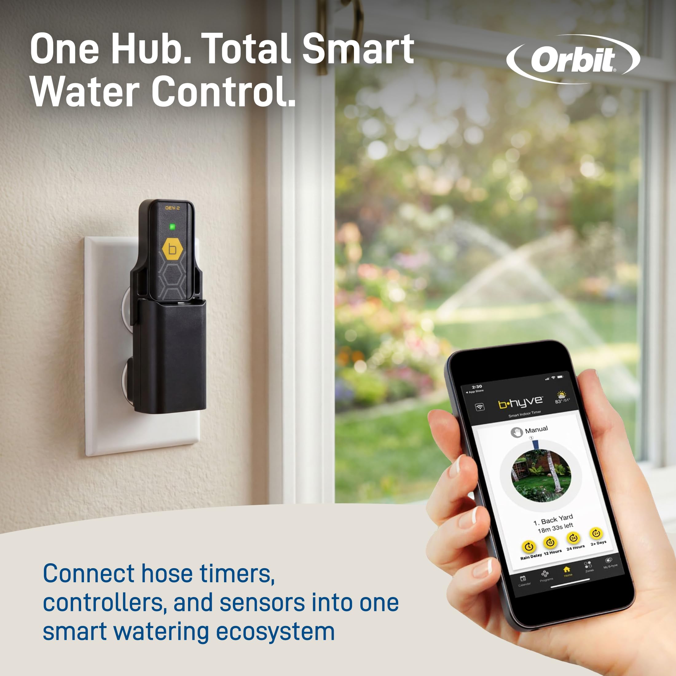 Orbit B-hyve hub comparado con una mano para mostrar tamaño compacto