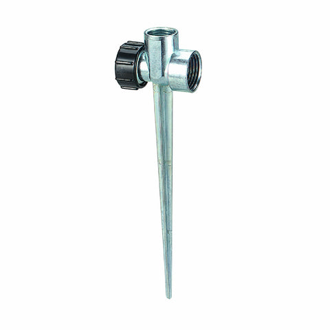 Orbit base de pico frontal mostrando montaje y compatibilidad, facilita riego portátil