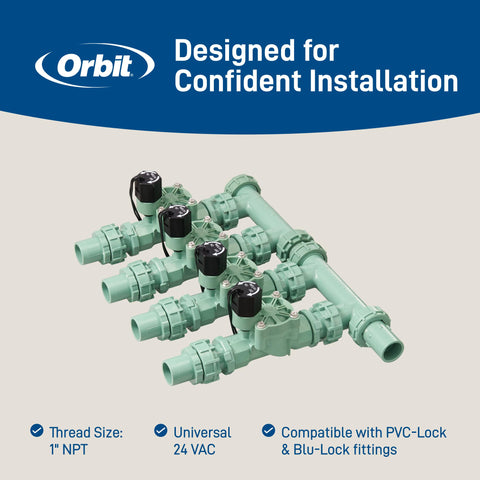 Orbit etiqueta y solenoide 24 VAC en detalle destacando fiabilidad eléctrica