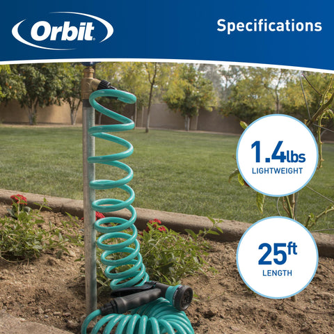 Orbit manguera guardada compacta colgada en pared, ahorro de espacio visible